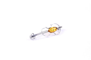 Baltic Amber and Sterling Silver Violin Brooch front view