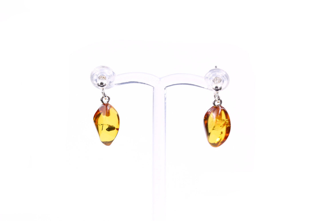 Cognac Baltic Amber and Sterling Silver Swirl Drop Earrings