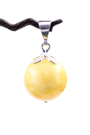 Round 30mm Milky Yellow Baltic Amber and Sterling Silver Pendant