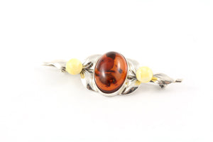 Classic Baltic Amber and Sterling Silver Bar Brooch