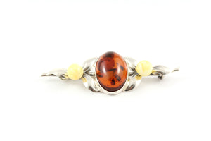 Classic Baltic Amber and Sterling Silver Bar Brooch