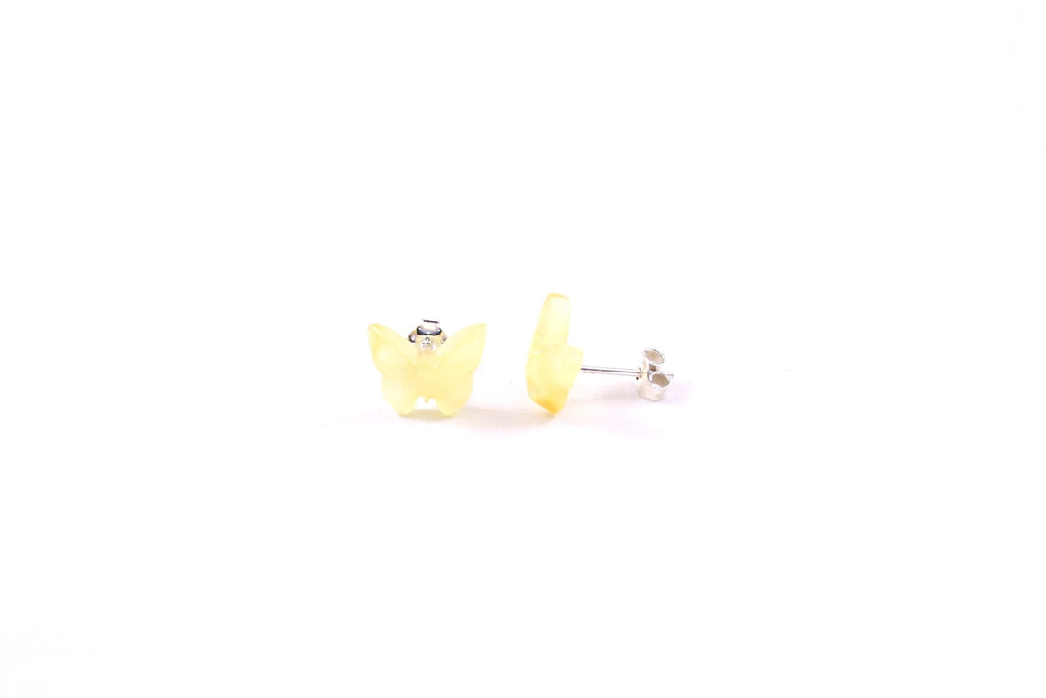 Milky Yellow Baltic Amber and Sterling Silver Butterfly Stud Earrings