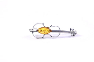 Baltic Amber and Sterling Silver Violin Brooch front view