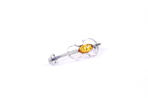 Baltic Amber and Sterling Silver Violin Brooch front view