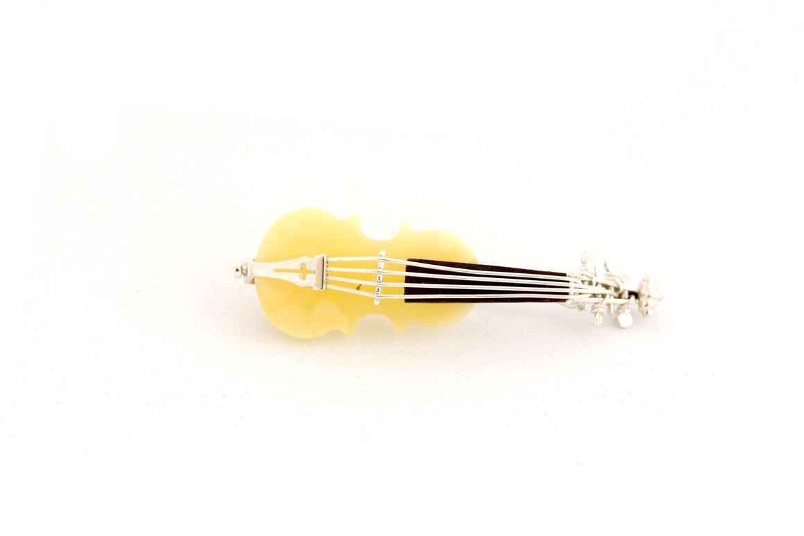 Cognac Handmade Baltic Amber and Sterling Silver Violin Brooch