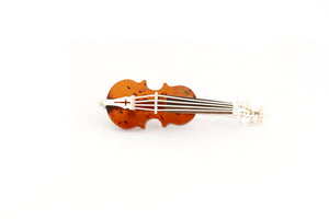 Cognac Handmade Baltic Amber and Sterling Silver Violin Brooch