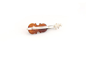 Cognac Handmade Baltic Amber and Sterling Silver Violin Brooch