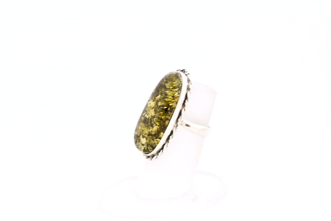 Green Baltic Amber Adjustable Ring with Sterling Silver Twist