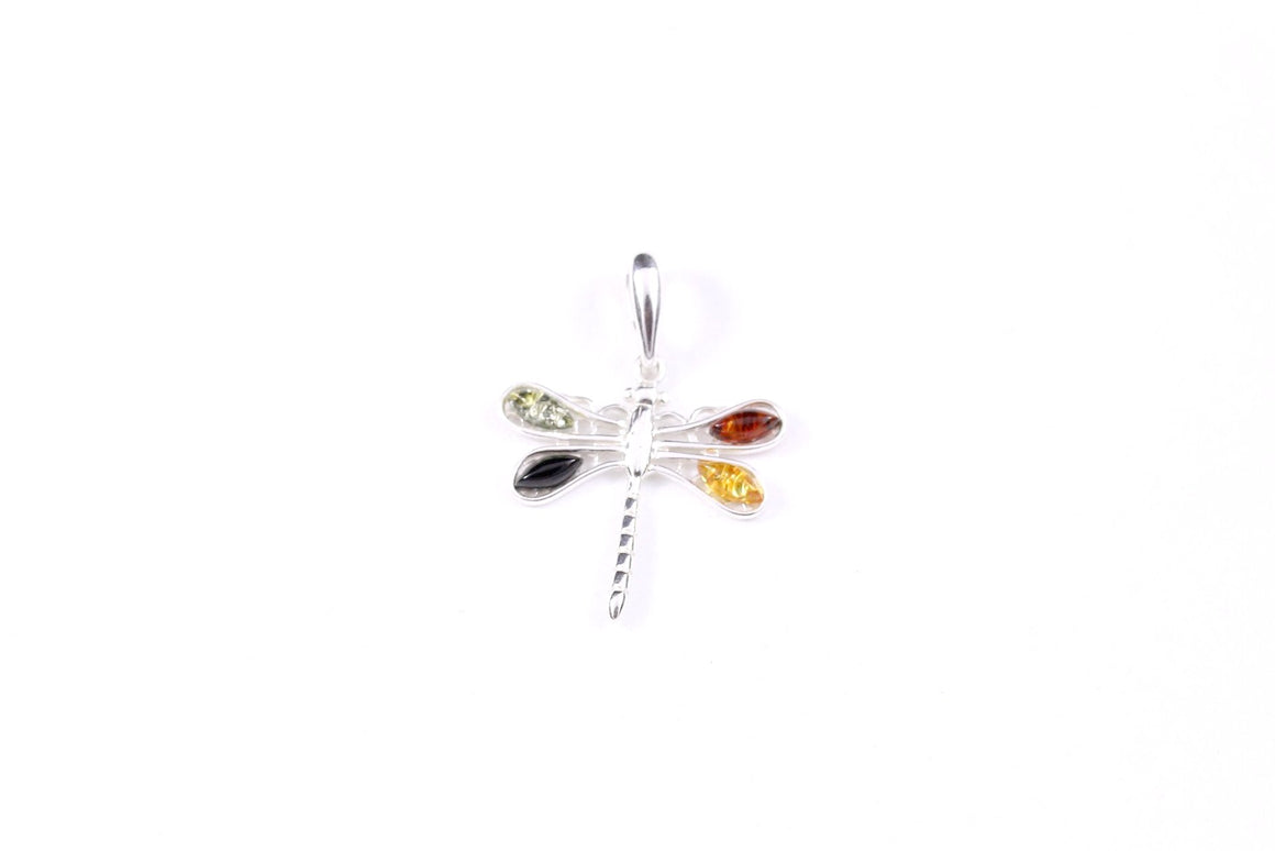 Multi Baltic Amber and Sterling Silver Dragonfly Pendant