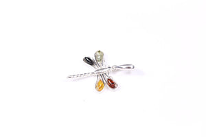 Multi Baltic Amber and Sterling Silver Dragonfly Pendant