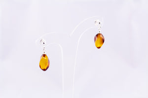 Cognac Baltic Amber and Sterling Silver Swirl Drop Earrings