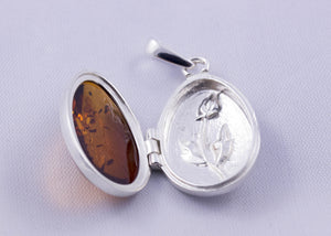 Baltic Amber and Sterling Silver Egg Locket Pendant - cognac, green or cherry colours available