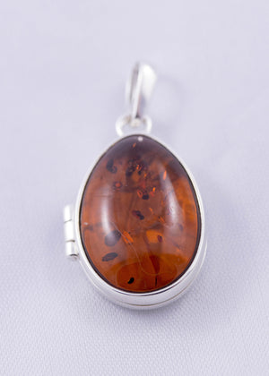 Baltic Amber and Sterling Silver Egg Locket Pendant - cognac, green or cherry colours available
