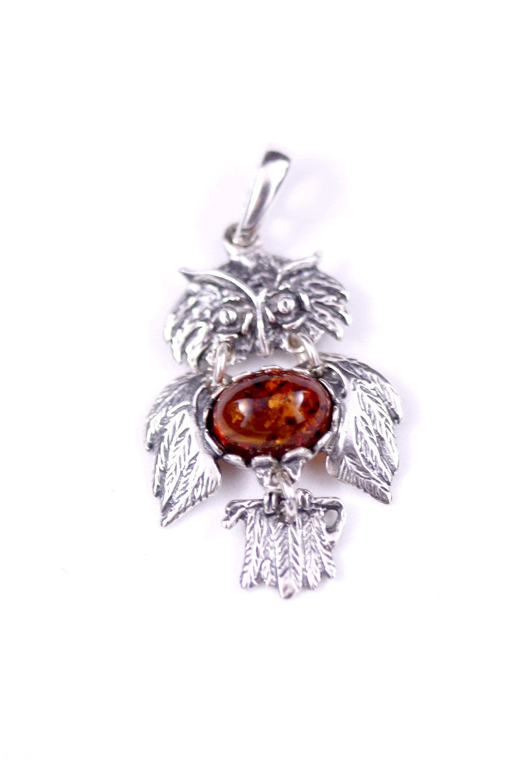 Cognac Baltic Amber and Sterling Silver Owl Pendant