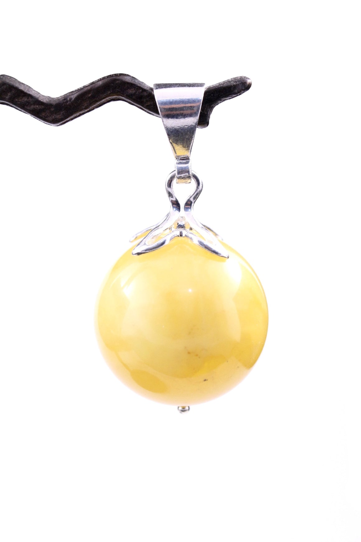 Round 30mm Milky Yellow Baltic Amber and Sterling Silver Pendant