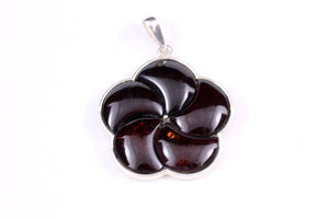 Cherry Baltic Amber and Sterling Silver Flower Pendant
