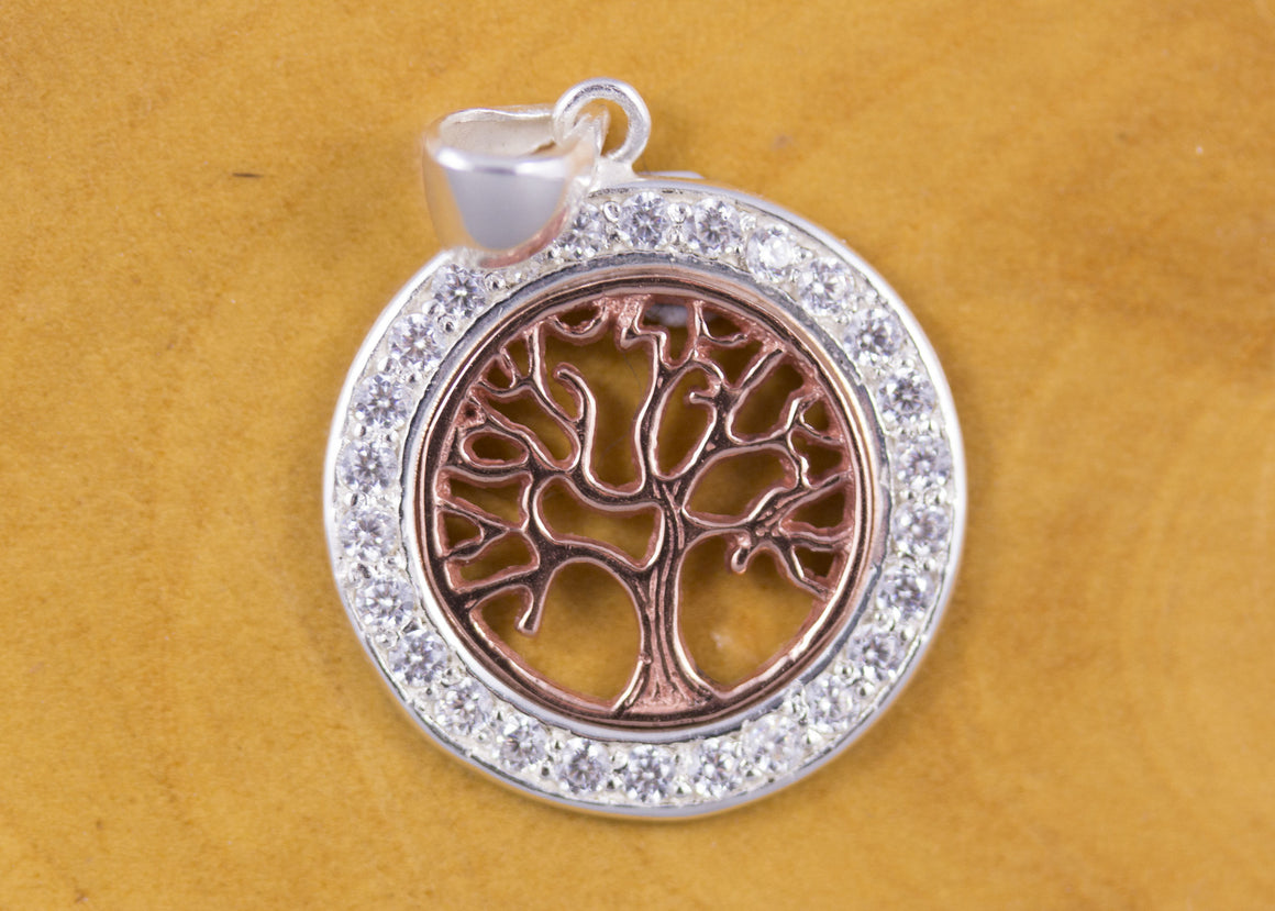 Sterling Silver Tree of Life and CZ Pendant Rose Gold Plated