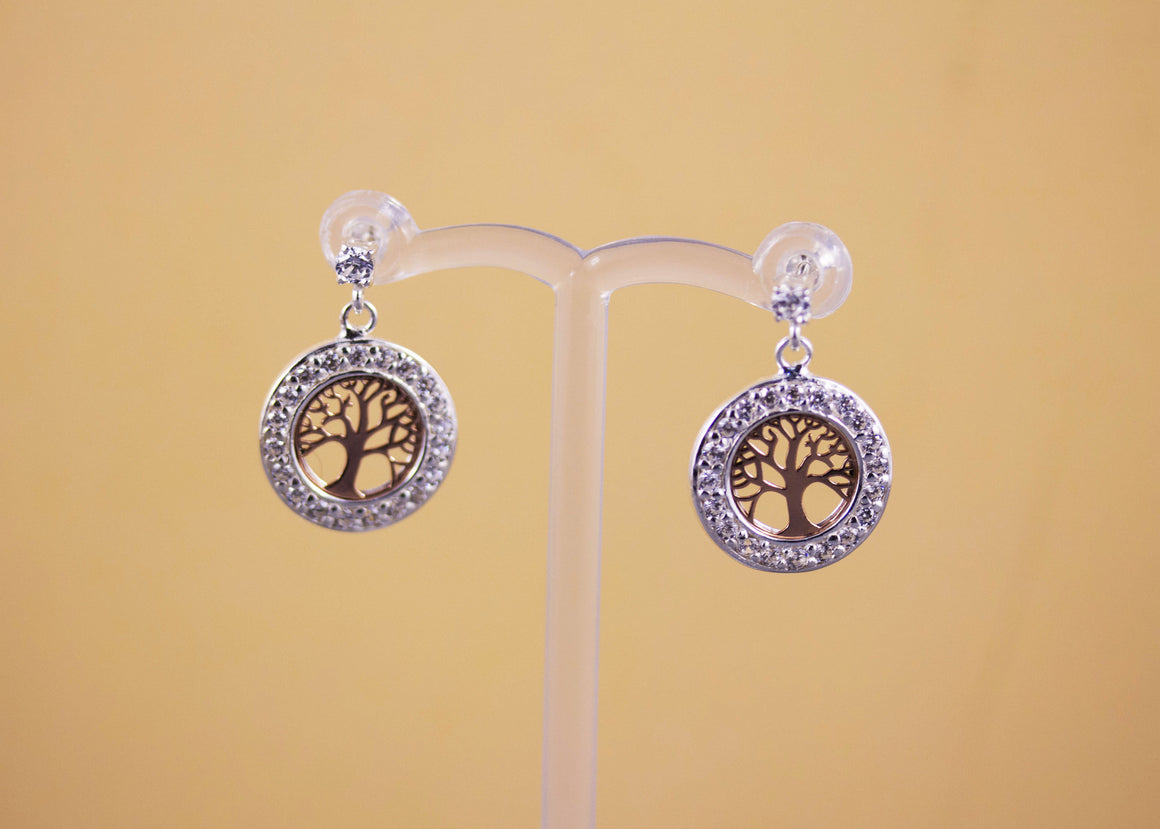 Sterling Silver Tree of Life and CZ Earrings with Rose Gold Highlights