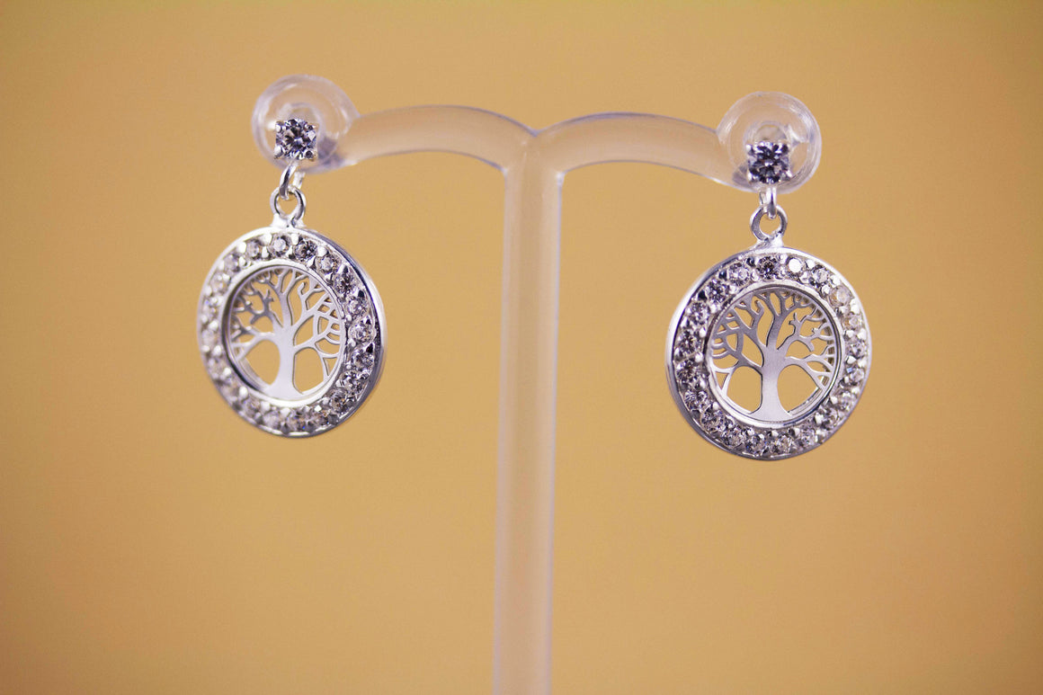 Sterling Silver Tree of Life and CZ Stud Earrings