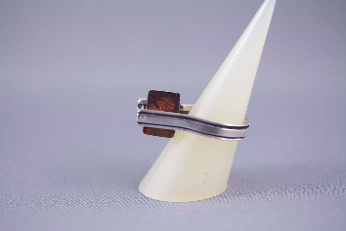 Cognac Baltic Amber and Sterling Silver Designer Cube Ring