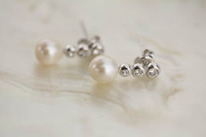 Cultured Pearl, CZ and Sterling Silver Stud Earrings