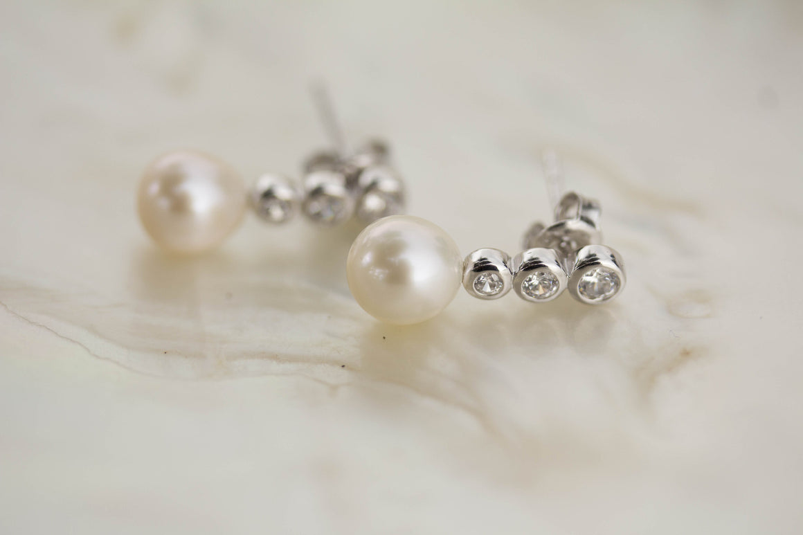 Cultured Pearl, CZ and Sterling Silver Stud Earrings