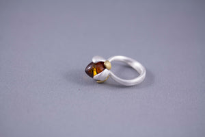 Cognac Baltic Amber and Gold Plated Sterling Silver Flower Bud Ring close up