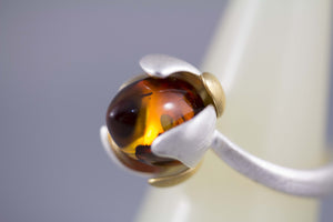 Cognac Baltic Amber and Gold Plated Sterling Silver Flower Bud Ring close up