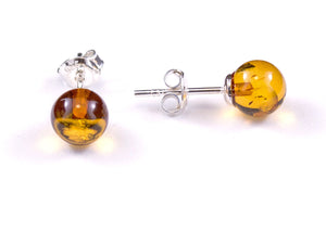 Cognac Baltic Amber and Sterling Silver Round Stud Earrings