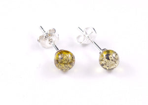 Green Baltic Amber and Sterling Silver Round Stud Earrings