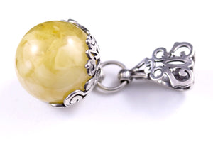 Round 18mm Milky Yellow Baltic Amber and Sterling Silver Pendant