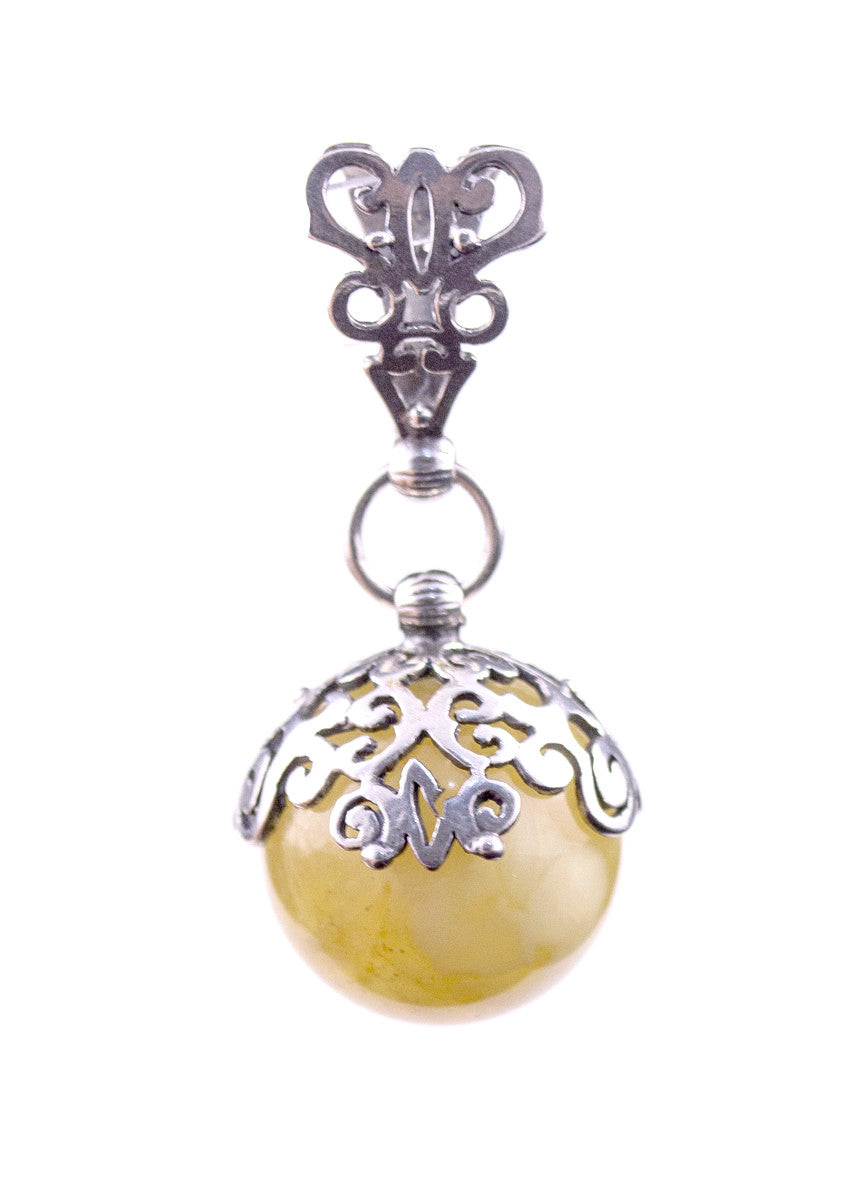 Round 18mm Milky Yellow Baltic Amber and Sterling Silver Pendant