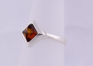 Small Square Baltic Amber and Sterling Silver Ring cognac