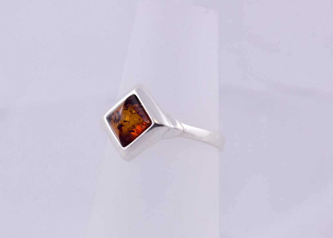 Small Square Baltic Amber and Sterling Silver Ring cognac