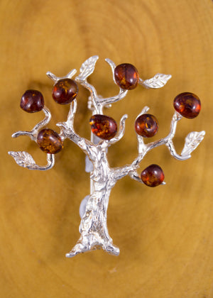 Baltic Amber and Sterling Silver Tree Brooch